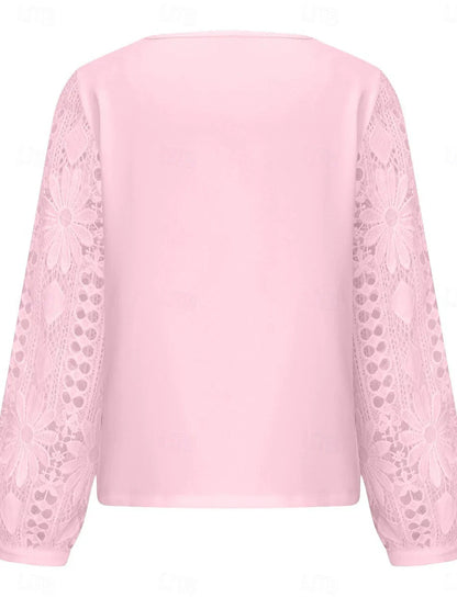Elegante weiße Spitzenbluse für Damen mit Lochstickerei, lässige einfarbige Bluse mit langen Ärmeln, asymmetrischer Spitzen-Patchwork-Verzierung, normale Passform, für den Alltag, in Schwarz, Weiß und Rosa, romantische Petite-Bluse, Sommer-Urlaubsmode